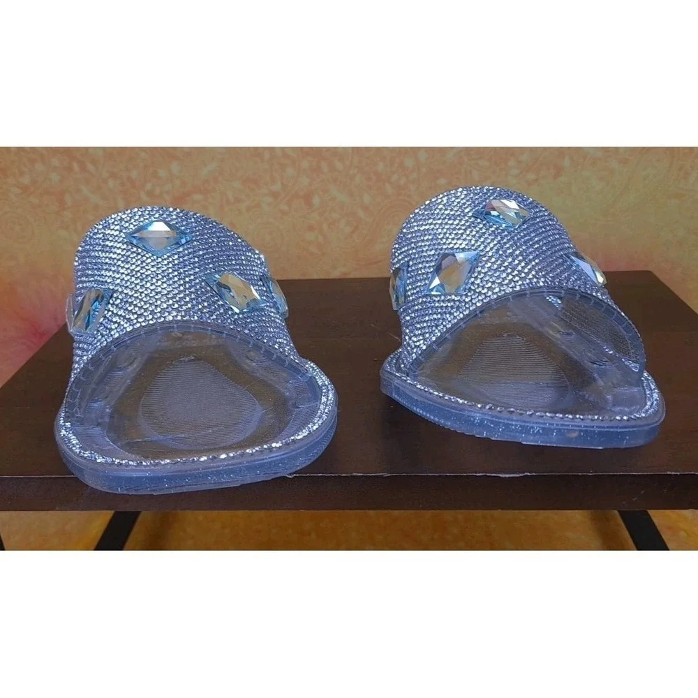 NIB‎ Lauren Lorraine Silver Clear Bianca Sparkle Rhinestone Slides Size 9.5 M095